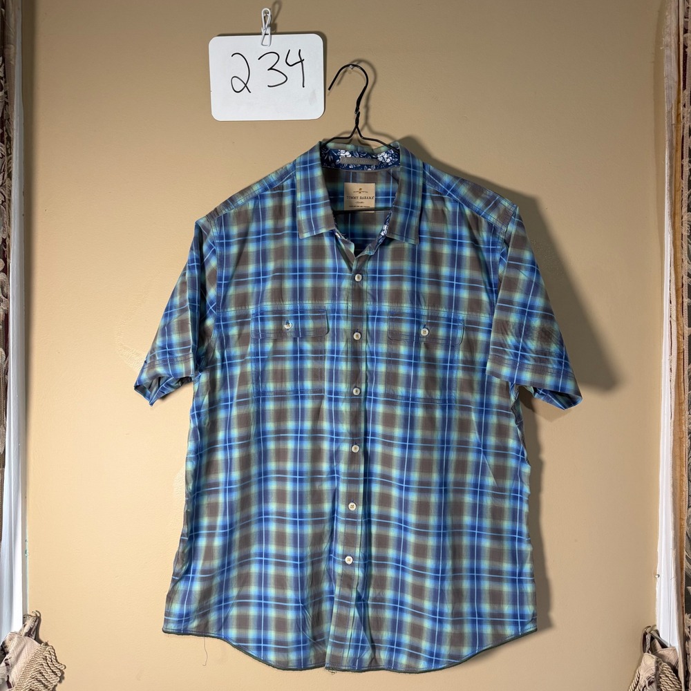Tommy Bahama Jeans Mens XL Blue Green Plaid Short Sleeve Cotton Button Down